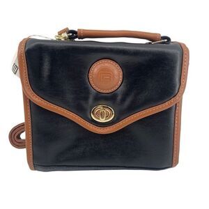 Vintage BPC 1976 Su & Sue Design Black Tan Faux Leather Top Handle Turn Lock Bag